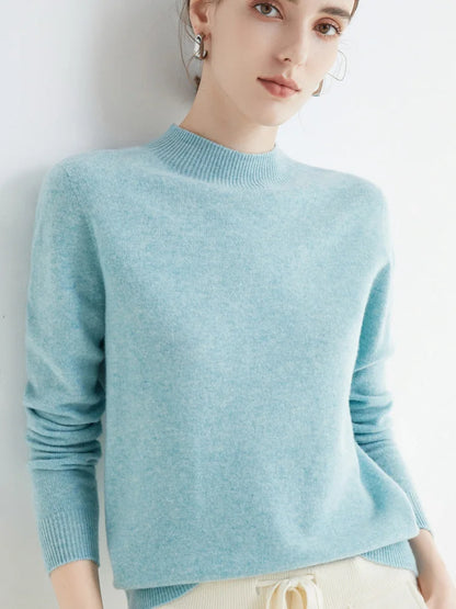 First-Line Seamless Women's Half-Turtleneck 100% Pure Wool Sweater Solid Color Long Sleeve Pullover Knitted Bottoming Sweater