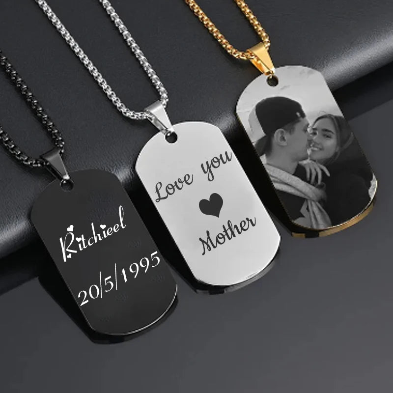 Stainless Steel Jewelry Mens Custom Engraved Name Photo Animal Necklace for Women Personalized Square Pendant Family Party Gift