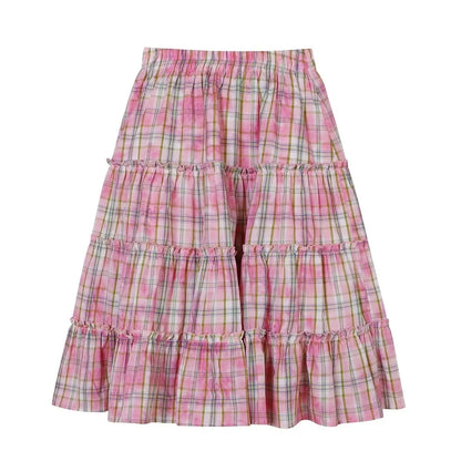 Korean Style Fashion Vinntage Y2K Pink Plaid Ruffle A-Line Midi Skirt Summer Sweet Kawaii Cute High Waist Long Skirts for Women