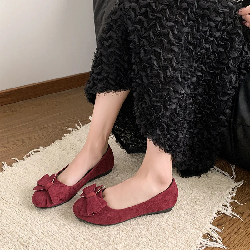 Women Sweet Big Bow Flats Shoes Soft Suede Round