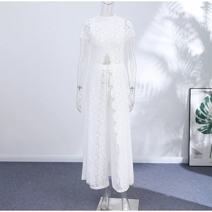 See Through Lace Vest Pant Set Women Beach Sling  Tops Pleated Straight Pants 2026 Summer Vacation Hollow Out Lady Suits