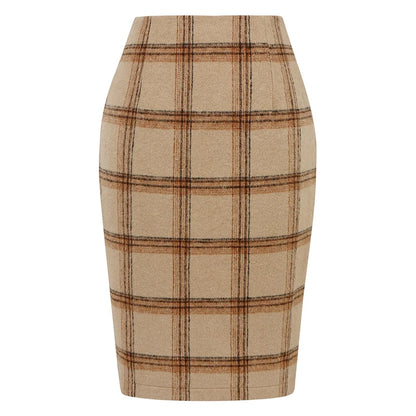 Women Tartan Plaid Thick Woolen Pencil Skirt Lined Back Invisible Zipper High Waist Bodycon Midi Skirt For Daily Casual Outings