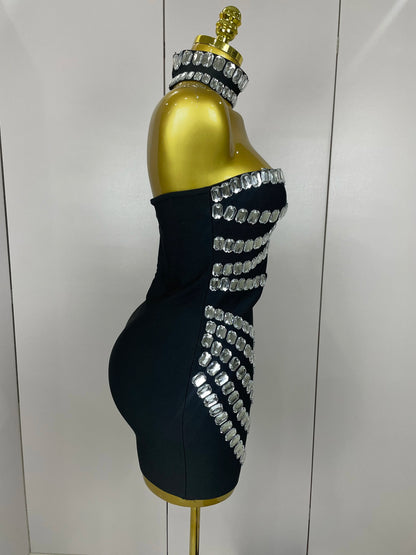 Women 2025 Sparkly Rhinestones Bodycon Strapless Mini Bandage Dress Backless Fashion Evening Party Club Luxury Birthday Dresses