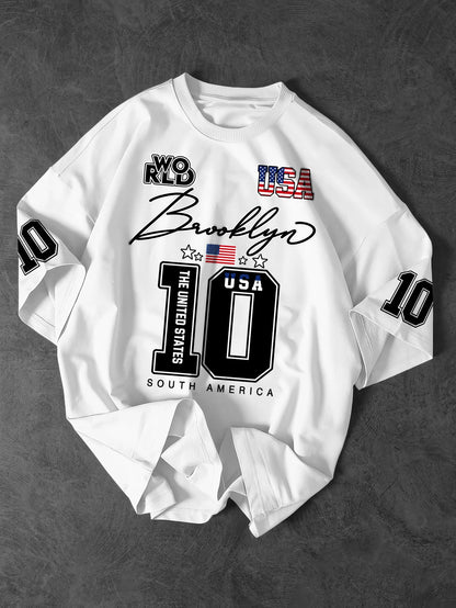 Men's & Women's USA Brooklyn 10 Varsity Graphic T-Shirt American Flag Print Y2K Streetwear Oversized Crew Neck Tee