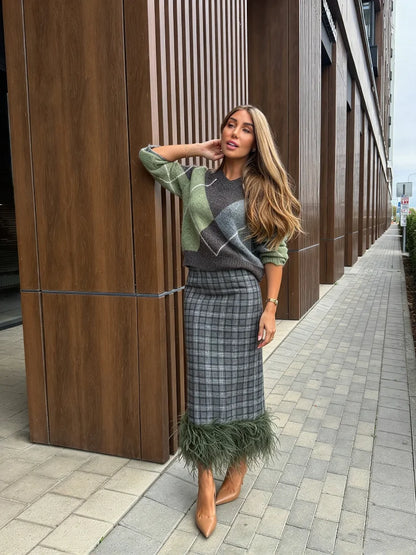 Women Vintage Plaid Feather Tassel Hem Splice Midi Skirt Chic High Waist Straight Skirt Trendy Daily Street Party Outfit New