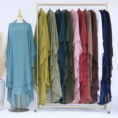 Two Layer Chiffon Extra Long Khimar Niqab Eid Ramadan Muslim Women Islamic Clothing Prayer Garment Overhead Abaya Dress Kaftan
