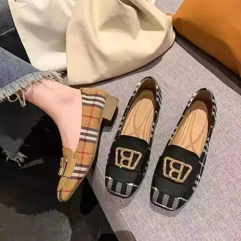 Women's Checked Buckle-Detail Loafers