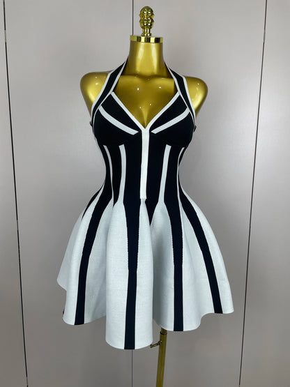 Sexy Backless Black White Stripes Halter Bandage A Line Short Dress 2025Women Celebrity Elegant Evening Party Holiday Club Dress