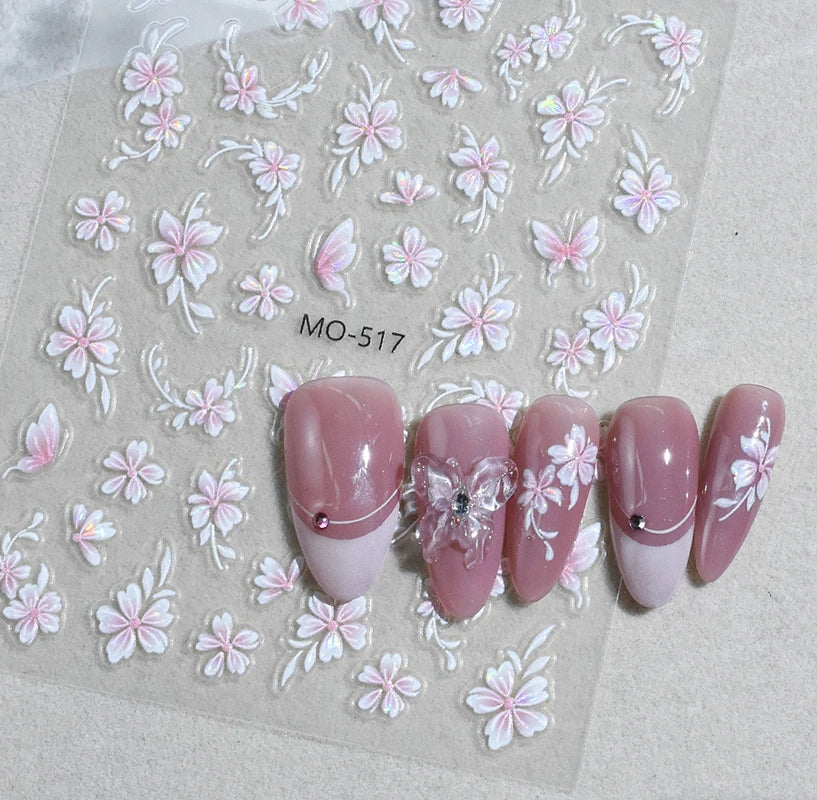 5D Embossed Nail Art Decals Elegant Petals Florals Daisy Flowers Leaves Adhesive Sliders Stickers For Manicure Tips Decoration