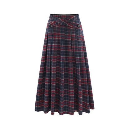 Vintage Plaid Pleated Long Skirt Women Lady High Waist A-Line Midi Skirt Preppy Elegant Winter Casual Daily Wear Style Outfit