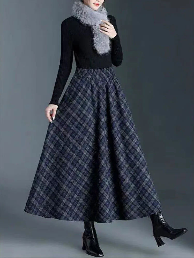 Vintage Plaid Midi Skirts for Women Korean High Waist Casual Faux Wool Skirts Y2K Elegant Office Lady All Match A Line Skirts