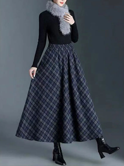 Vintage Plaid Midi Skirts for Women Korean High Waist Casual Faux Wool Skirts Y2K Elegant Office Lady All Match A Line Skirts