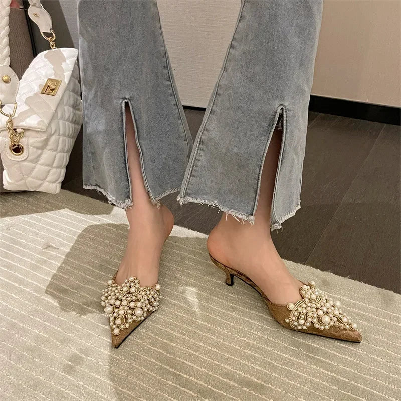 New Slippers Fashion Pointy Head Pearl Half Slippers Fine Heeled Sandals Women's Shoes 42 Yards Middle Heeled Mules Shoes