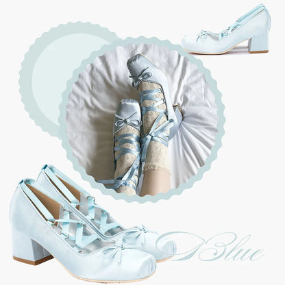 Brand Big Size 43 Square Heels Pink Cross-tied Ballerina Pumps Satin White Lace-up Sweet Lolita Mary Janes Ballet Shoes Women