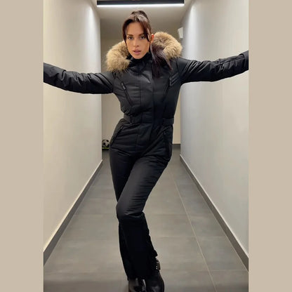 Women Floral Print Hooded Ski Set Stand Belt Waist Zipper Straight Jumpsuit Retro Fashion Sheath Warm Sport Winter 2026 Skiwear