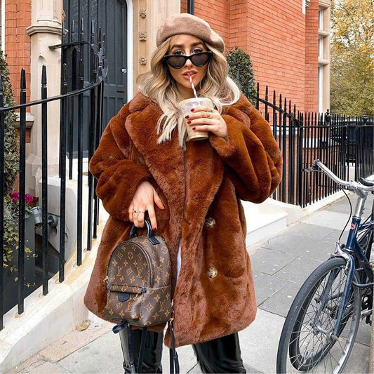 Women Winter Warm Fur Coat Fashion Turn Down Collar Flurry Fur Long Jacket New In Casual Outerwear Solid Color Lady Fur Jacket
