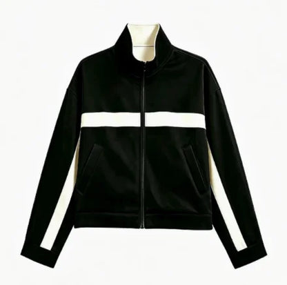 Beige Black Colorblock Zip Collar Crop Women Jacket Sporty Lapel Loose Outerwear Spring Autumn Daily Street Dating Outfit Coat