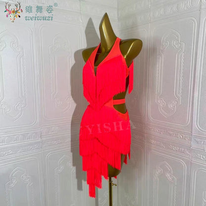 Latin Dance Competition Show Custom Adult Children's Red Fringe Dance Dress Ballroom Rumba Chacha Tango Performance Wear