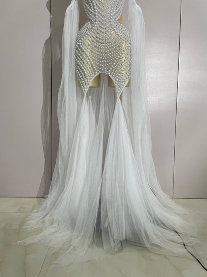 Elegant Sparkly Rhinestone White Pearl Sexy Strapless Mesh Long Dress Wedding Guest Gowns Luxury Birthday Evening Party Dress