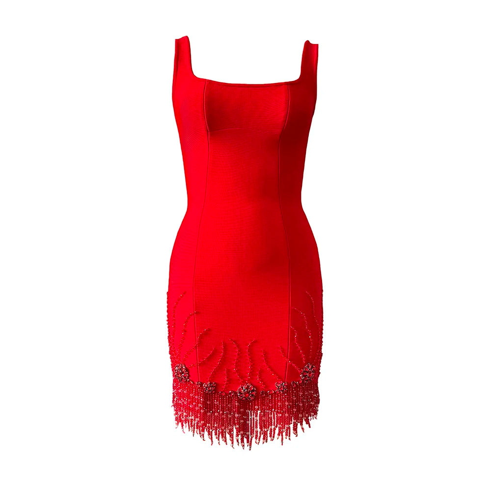 Women Sexy Sleeveless Bandage Dress Fashion Beading Tassel Clothes Club Party Bodycon Dresses