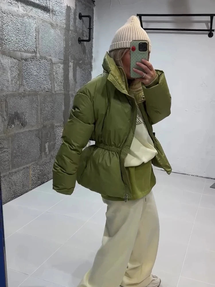 Women Stand Collar Puffer Jacket Waist Cinched Zipper Long Sleeve Warm Padded Coat 2026 Winter Commuter Lady Quilted Outerwear