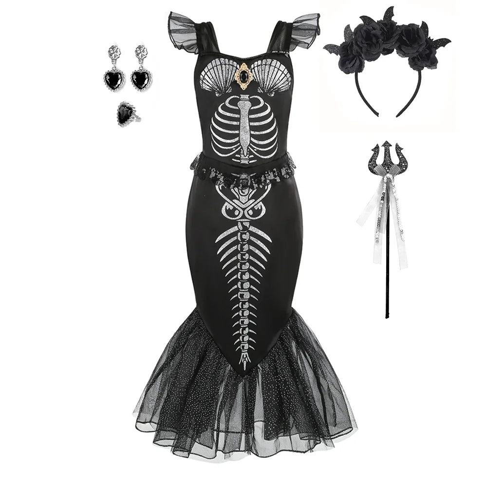 2-10Yrs Girls Halloween Party Skeleton Print Mermaid Princess Dress Gothic Style Black Trumpet Skirt Siren Ariel Cosplay Costume