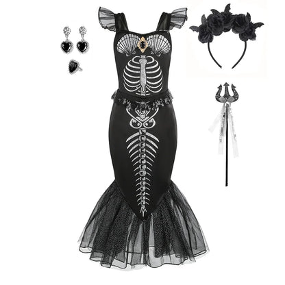 2-10Yrs Girls Halloween Party Skeleton Print Mermaid Princess Dress Gothic Style Black Trumpet Skirt Siren Ariel Cosplay Costume