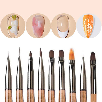 9Pcs Nail Brush Set Detail Work Pens Stylish Brown Handles Gel Nail Art Fine Line Painting Professional Home Use Tool Kit
