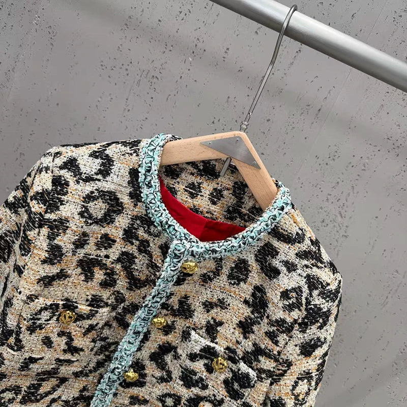 KUCLUT 2026 Autumn Winter Leopard Print Tweed Short Coat For Women Gold Buttons Contrast Color Versatile Elegant Jacket 1A4837