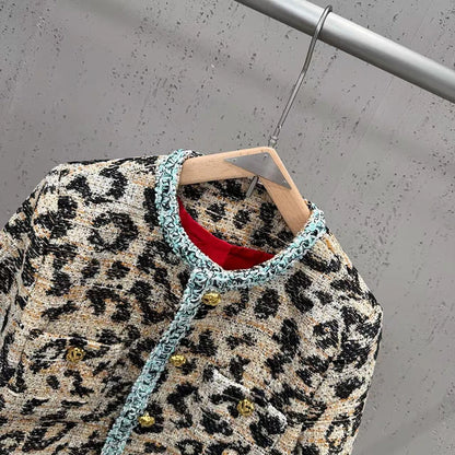 KUCLUT 2026 Autumn Winter Leopard Print Tweed Short Coat For Women Gold Buttons Contrast Color Versatile Elegant Jacket 1A4837
