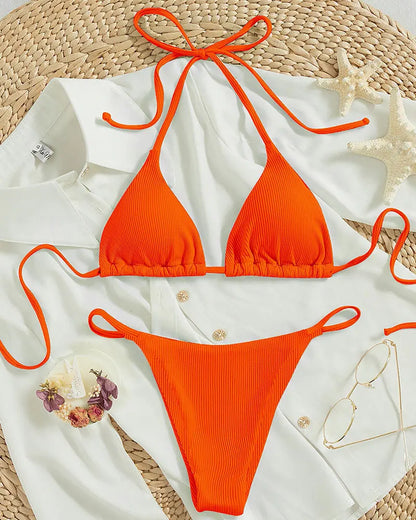 2025 Special Pit Stripe Fabric Bikini Set Women Sexy Simple Solid Halter Bikini Swimsuit High Waisted Lace Up Beach Bathing Suit