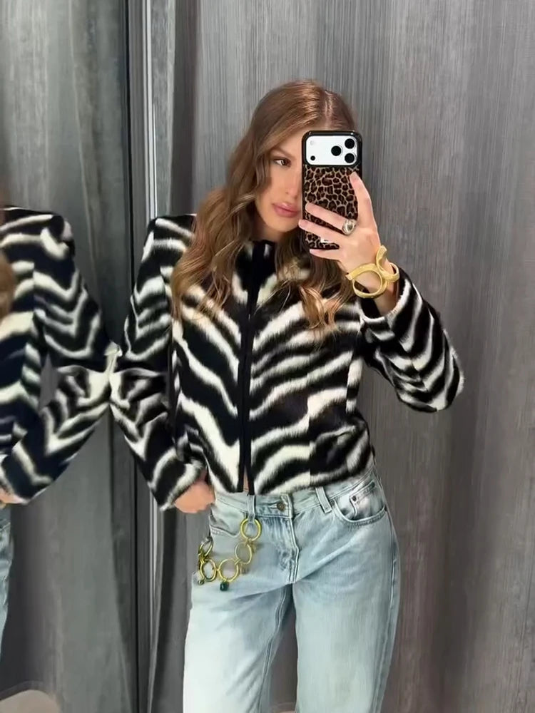 Vintage Women's Zebra Printed Short Jacket Skirt Set O-neck Long Sleeve Buckle Coats Mini A-line Skirts 2026 Autumn Lady Suit