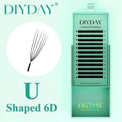 DIYDAY U-6D Eyelash Extension Handmade U-shaped 6D Premade Volume Lashes BASF PBT Fiber Nartural Mink U6D False Eyelash