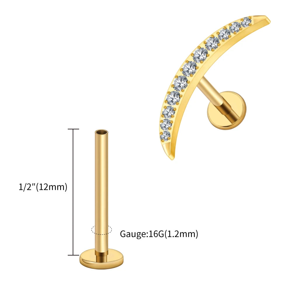Right Grand ASTM F136 Titanium Long Crescent Moon Labret with CZ 16G Screw Back Climber Earring Helix Cartilage Tragus Piercing