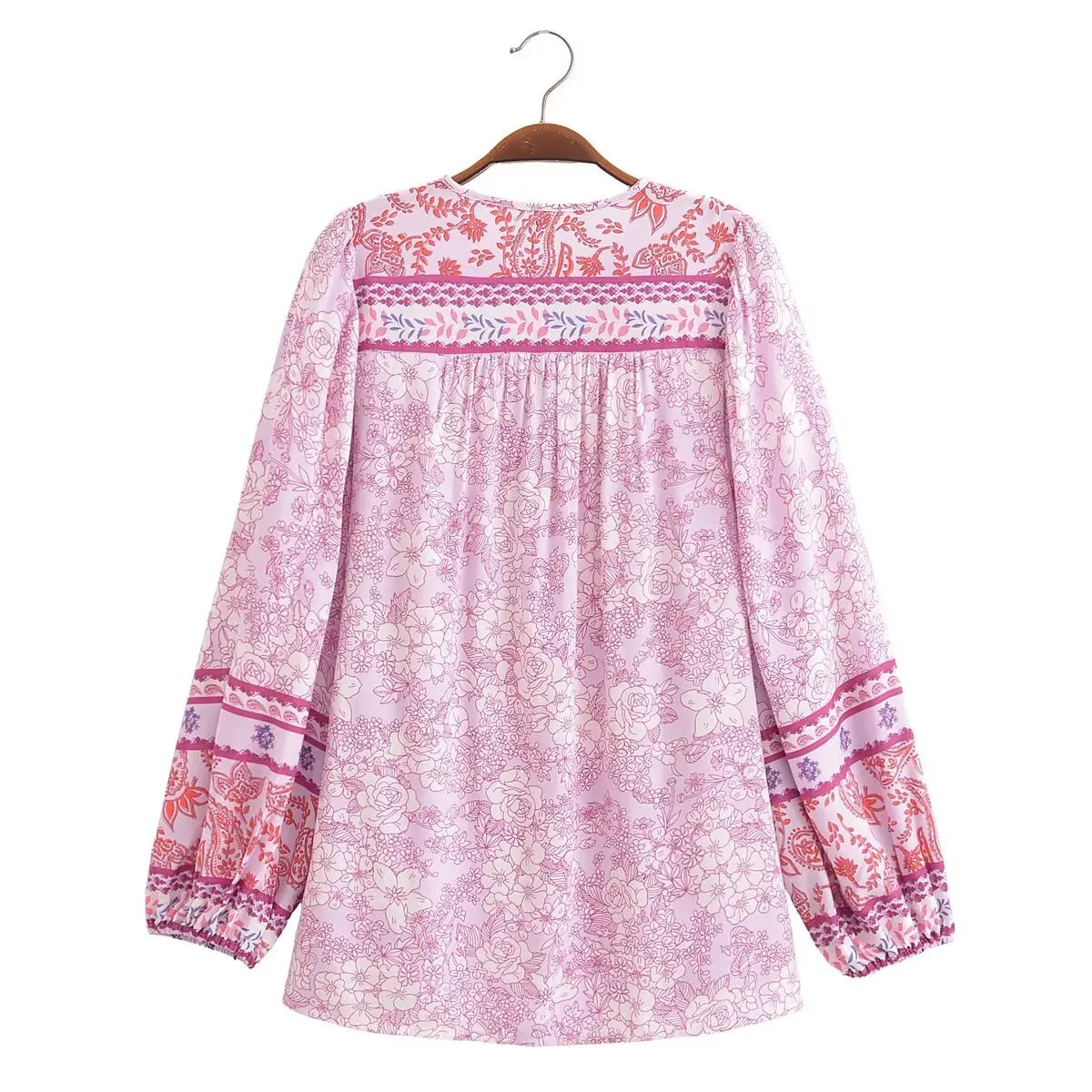 Boho Queens Vintage Purple Floral Print Front Button Loose Blouses  Ladies Lace-up V-Neck Long Sleeve Beach Shirts Tops Blusas