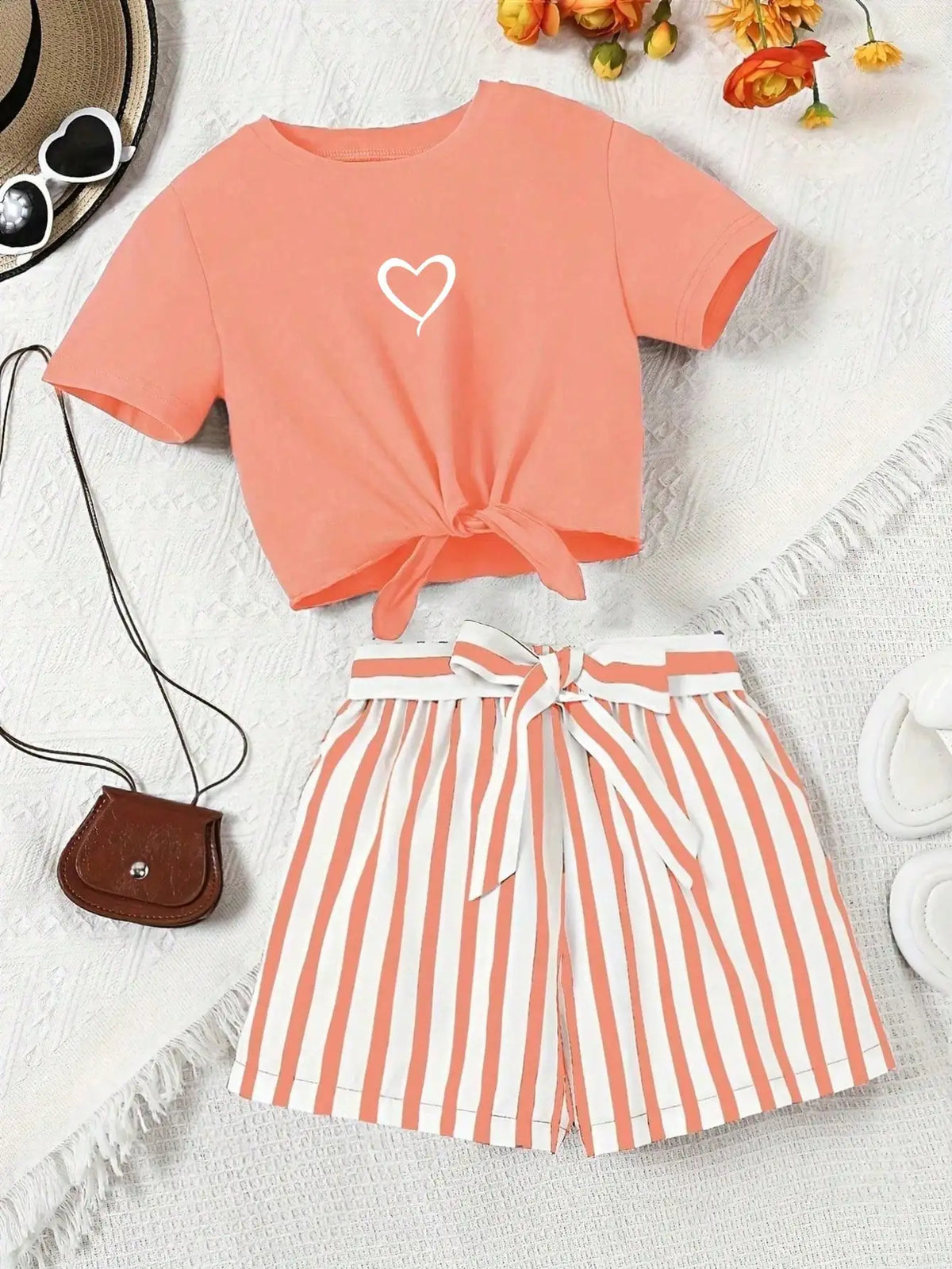 Women's Casual Daily Short-Sleeved Love Printed+Striped Printed Shorts 2-Piece Set with Random Belt Striped Children's Clothing