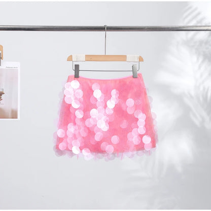 Sexy Women's Pink Sequin Mini Skirt Large Disc Sequin Detail Sparkly Party Skirts Cocktail Date Night Slim Fit Party Clubwear