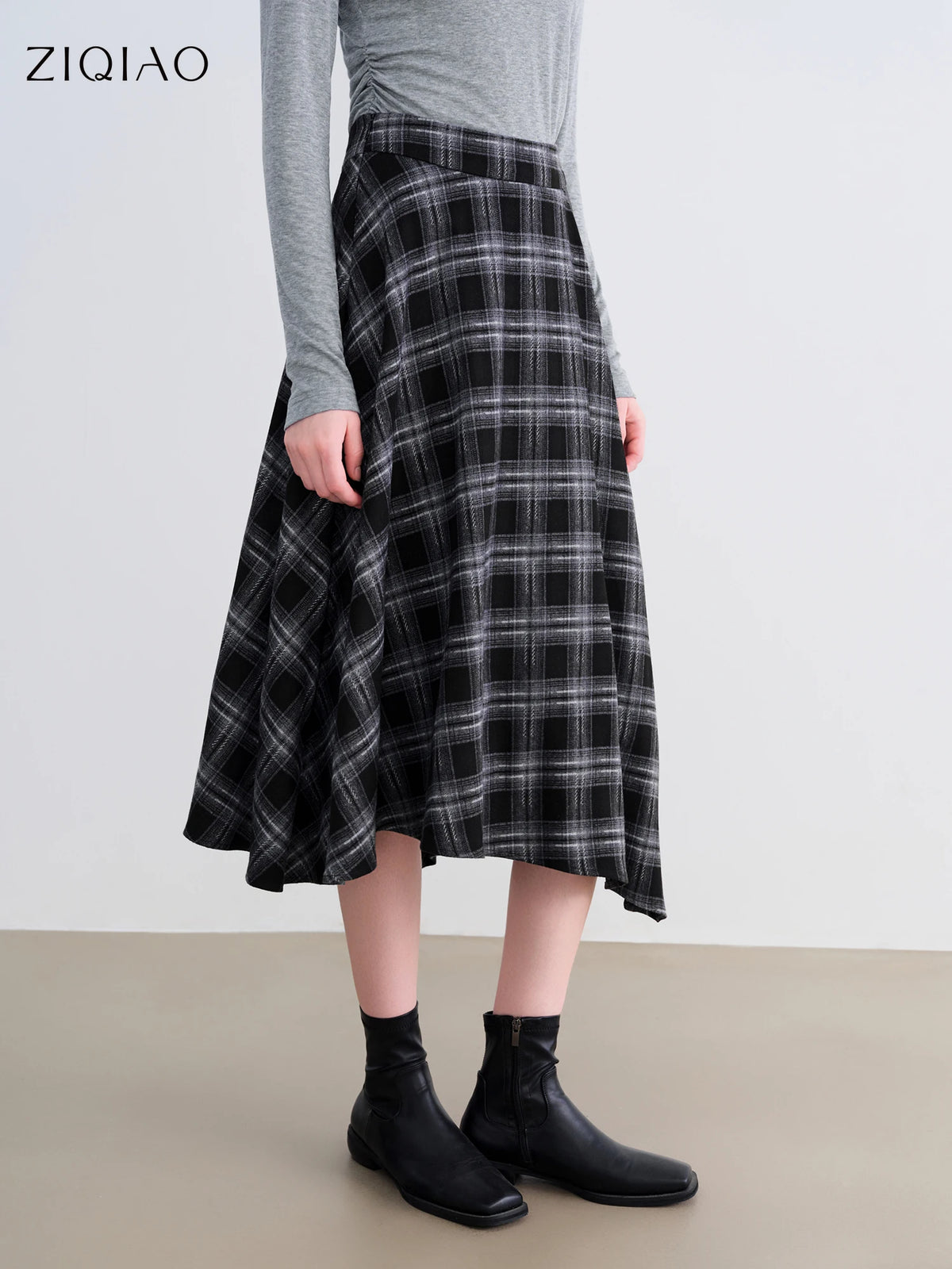 Women's Dark Plaid Asymmetric A-Line Skirt