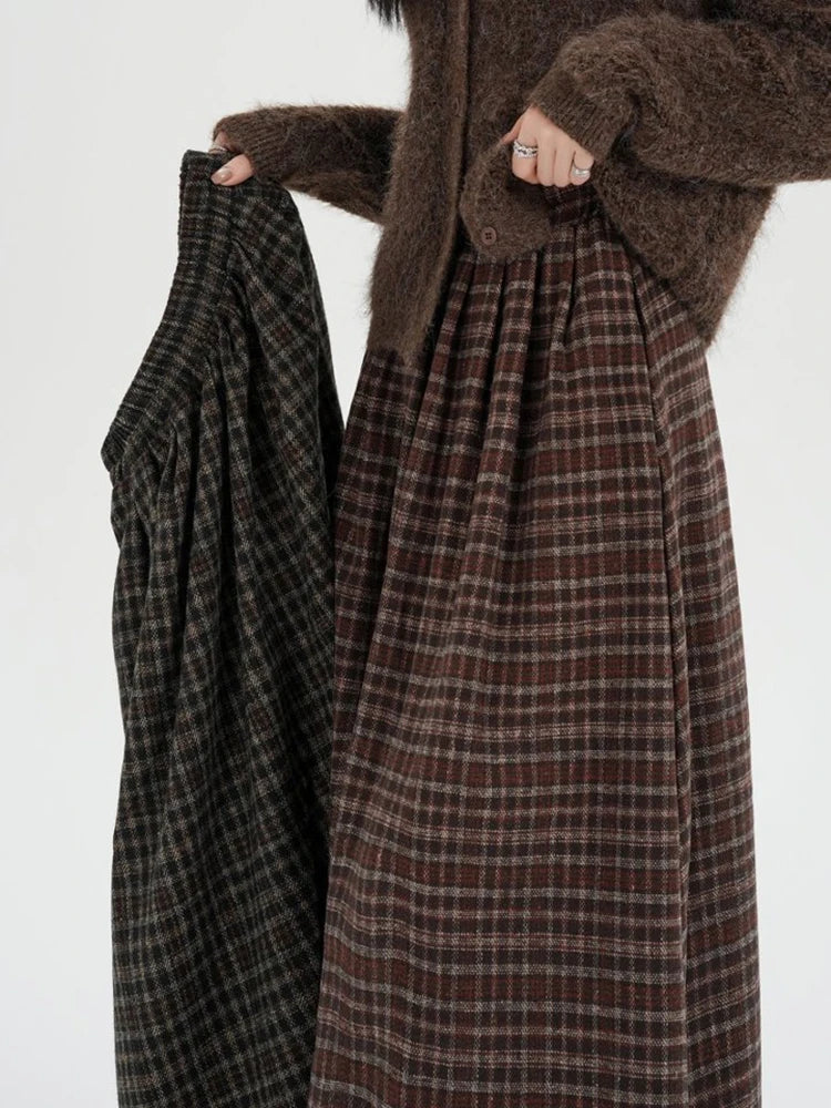 American Style Thickened Wool Vintage Plaid Midi Skirt Woman Elastic Waist Winter Casual A-Line Long Skirts Lady