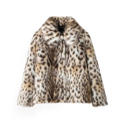 Leopard Print Warm Faux Fur Coat Women Fashion Keep Warm Lapel Collar Long Sleeves Thick Fur Coats Winter New Female Streetwear
