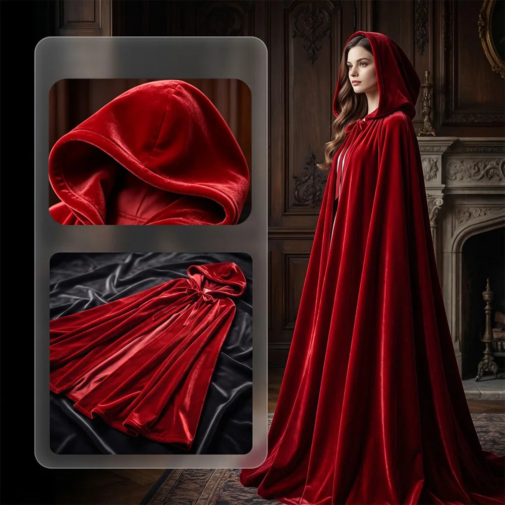 Halloween Hooded Velvet Cloak Long Medieval Cape Wide Silhouette Velvet Shawl For Women Wedding Stage Festival Holiday