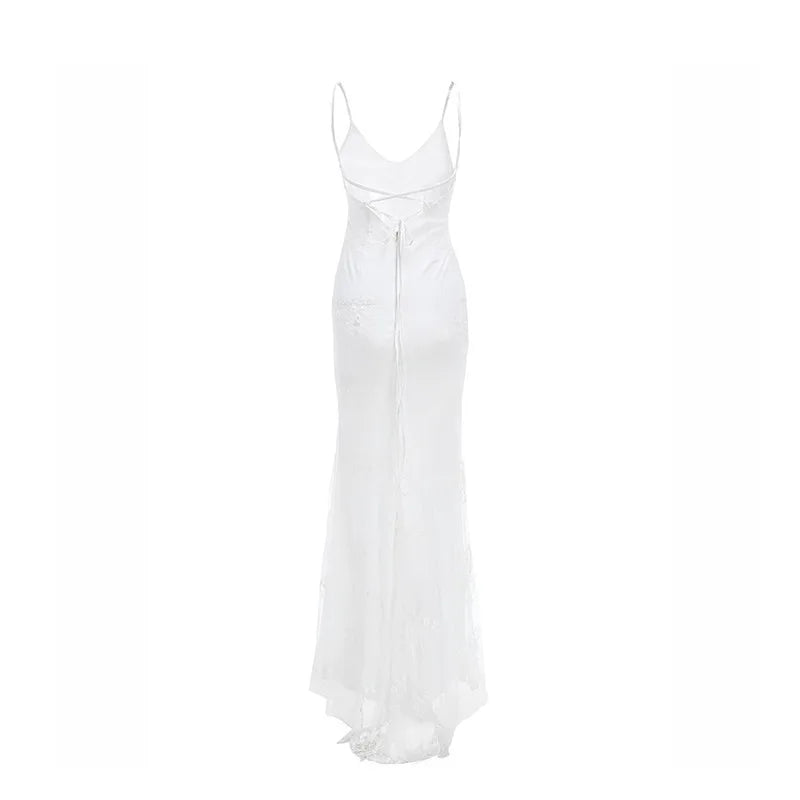 Women Party Long Dress Summer White Sexy Lace Dress V Neck Backless Lace Up Maxi Bodycon Dresses Vestidos verano 2026 Gift
