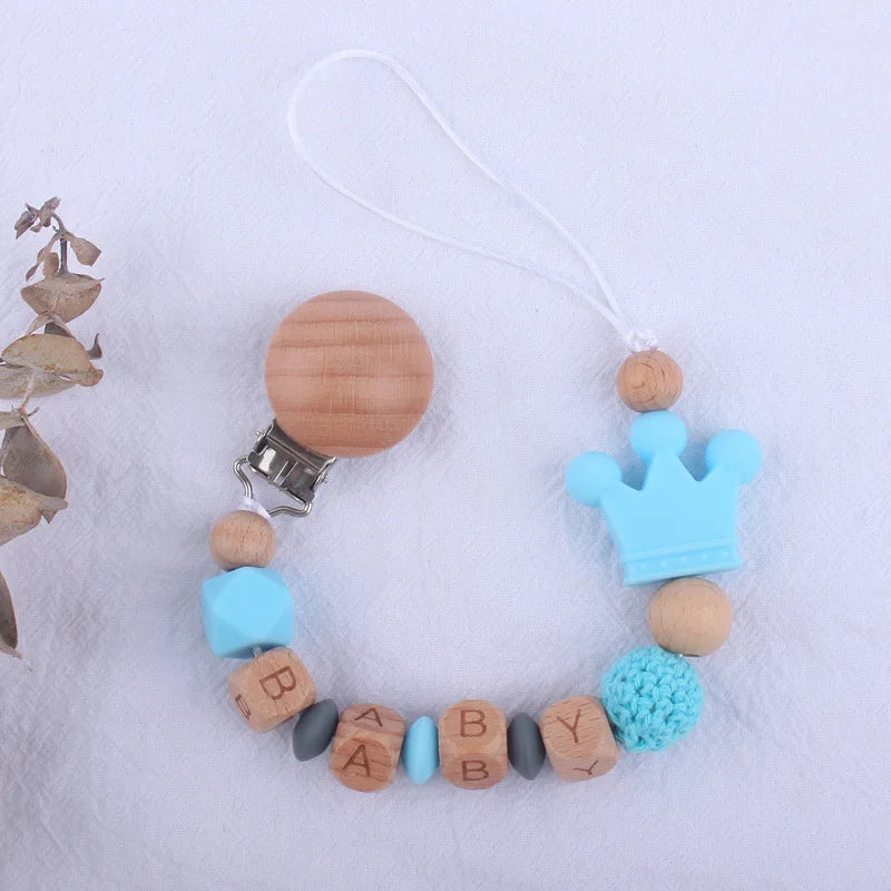 Handmade Beech Wood Baby Pacifier Chain Crown Silicone Beads Infant Appease Soother Clips Anti-Drop Dummy Holder Nipple Clip