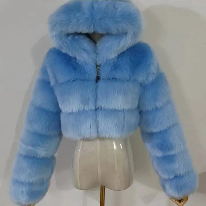 S-6XL Women Coat Autumn Winter Short Hooded Faux Fox Fur Coat Thick Warm Outerwear Fake Fur Woman Jackets Ladies Furry Coats