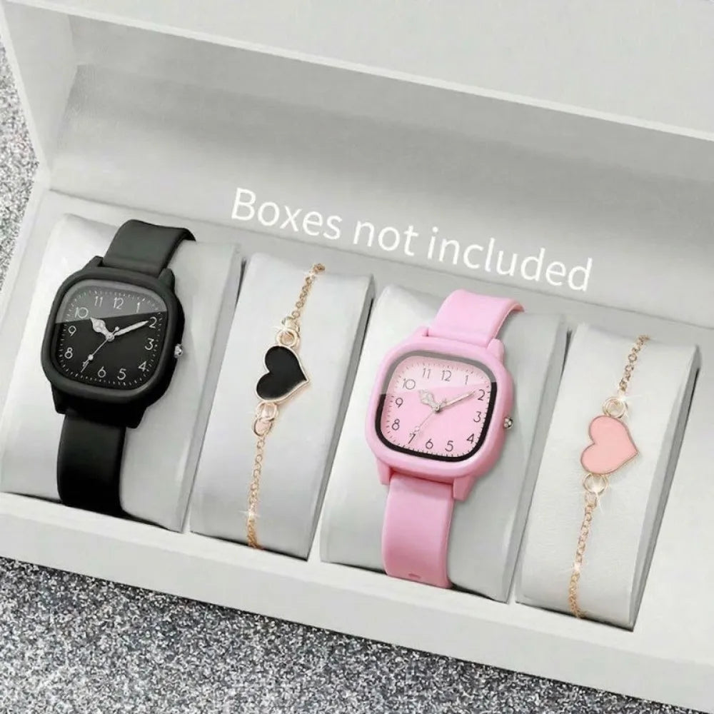 2PCS/Set Square Dial Women Quartz Watch Silicone Strap Quartz Movement Women Watch Heart Bracelet Arabic Dial Watch Women Girl