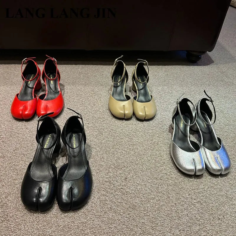 Women Split Toe Ninja Tabi Pumps Woman 5cm Heels Mary Janes Round Heels Shoes Buckle Strap Shallow Sandals Shoes For Party Mules