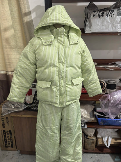 Women's Striped Puffer Jacket Two Piece Set Detachable Hood Cropped Puffer Coat Wide Leg Pants Outfit 2026 Winter Casual Coats