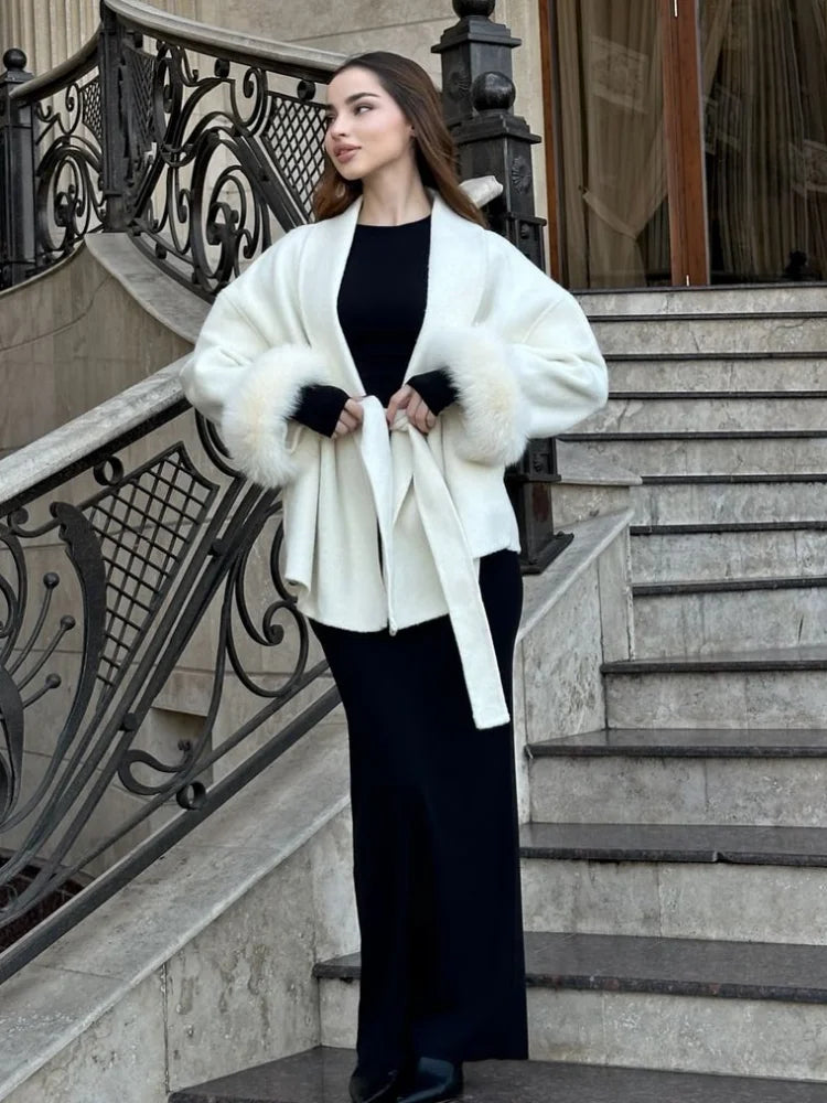 Retro Faux Fur Patchwork Woolen Maxi Coat Women Solid Full Sleeves V-neck Lace Up Loose Coats Lady Winter Commute Outwear New