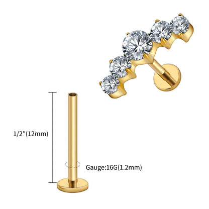 Right Grand ASTM F136 Titanium 16G CZ Cluster Flat Back Labret Stud Curved CZ Bar Climber Earring Helix Cartilage Stud Piercing
