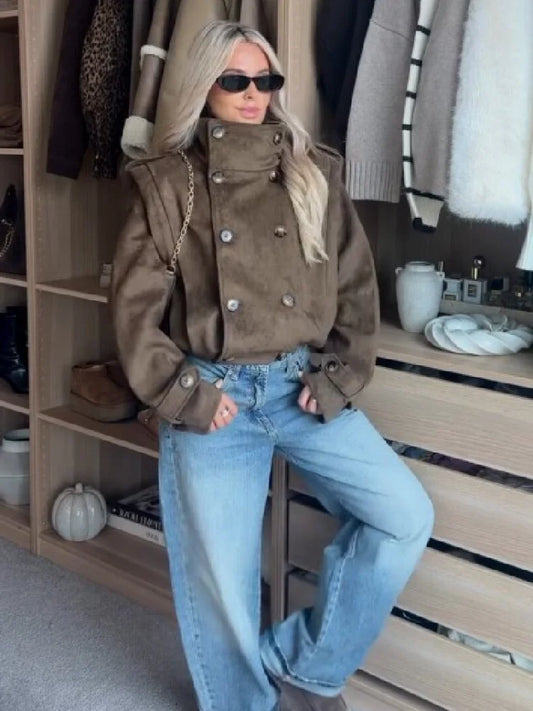 Trendy Stand Collar Cropped Jacket Fashion Double Breasted Long Sleeve Chic Commute Coat 2026 Autumn New Daily Casual Streetwear